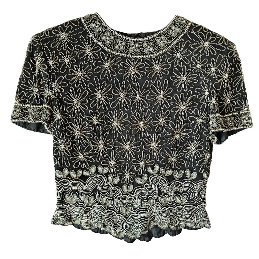 Papell Boutique Evening Black Silk Beaded Floral Blouse‎ Silver Daisy Top PS